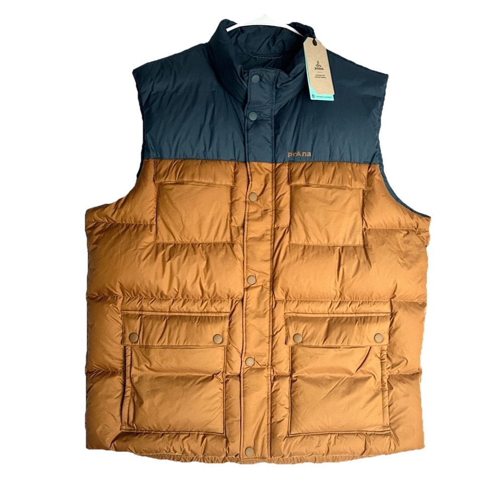 Prana Red Slate Down Puffer Vest Mens XXL Navy Tan Eco Performance NWT 1969581